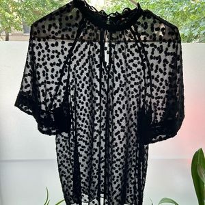 Sheer Anthropologie Polka-Dot Flowy Black Top